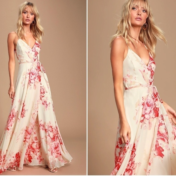 LULU's Floral Sexy Romantic Flowy Floral Wedding Formal Event Wrap Dress - Picture 4 of 4